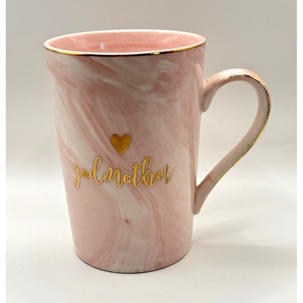 Pink Marbled Ceramic Coffee Mug Gold Godmother Heart 14 oz Cute Cup
